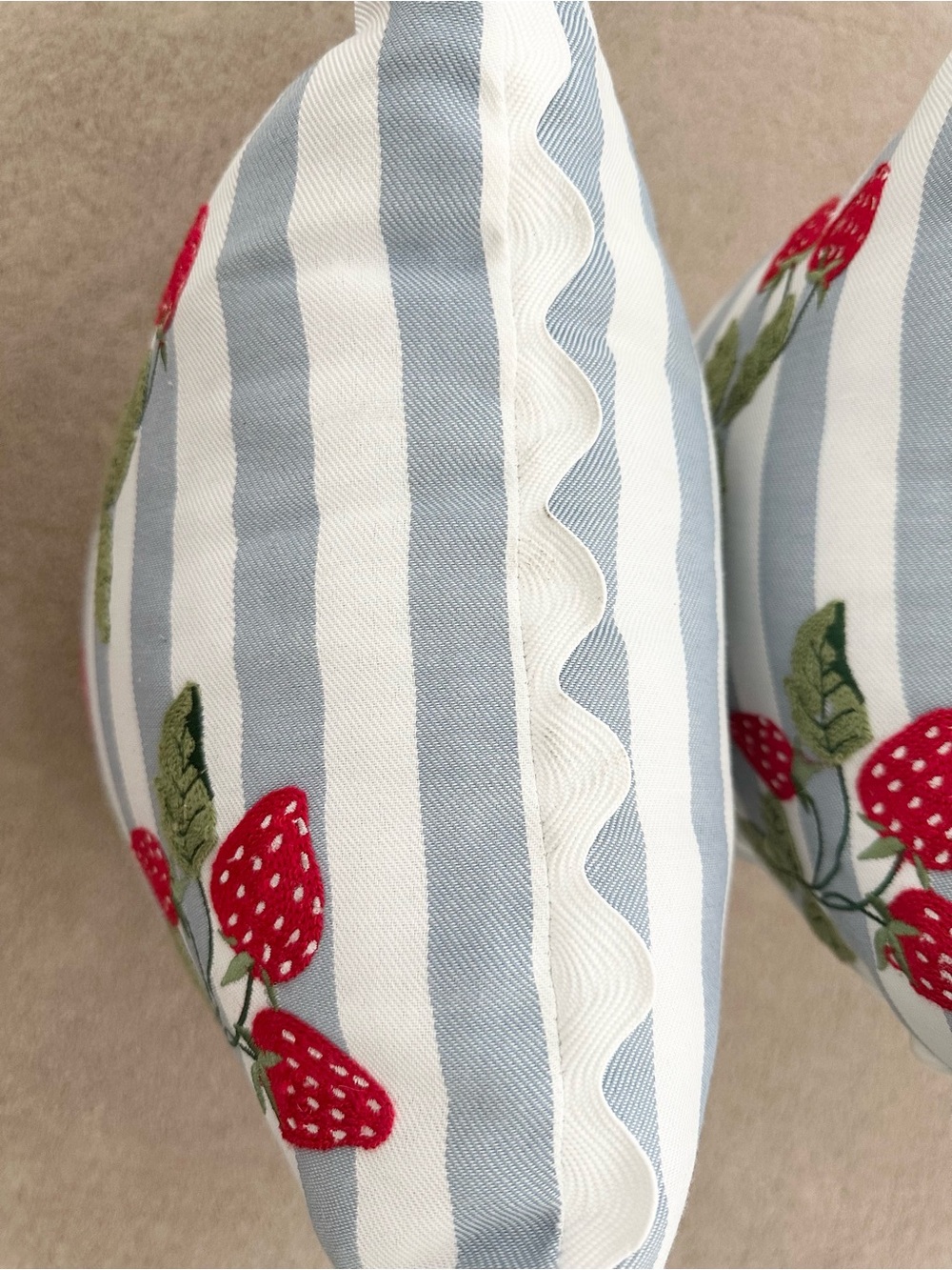 Set of 2 Strawberry Embroidered Blue & White Stripes Indoor/Outdoor Throw Pillow - Picture 11 of 17